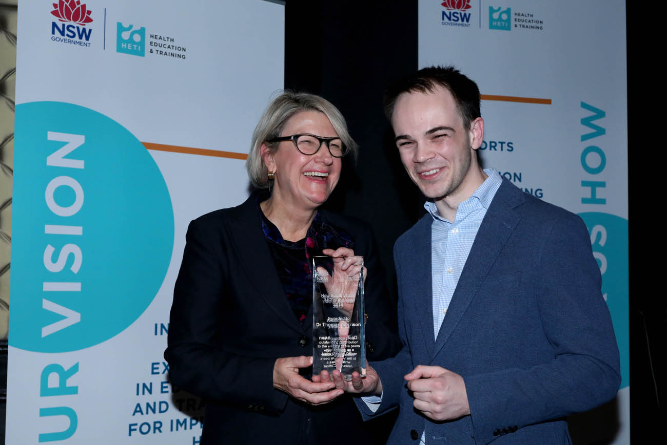 Dr Tom Morrison, from Royal Prince Alfred Hospital, celebrates his JMO of the Year Award with Elizabeth Koff, Secretary, NSW Health.