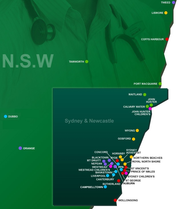 Map of NSW with links for each hospital